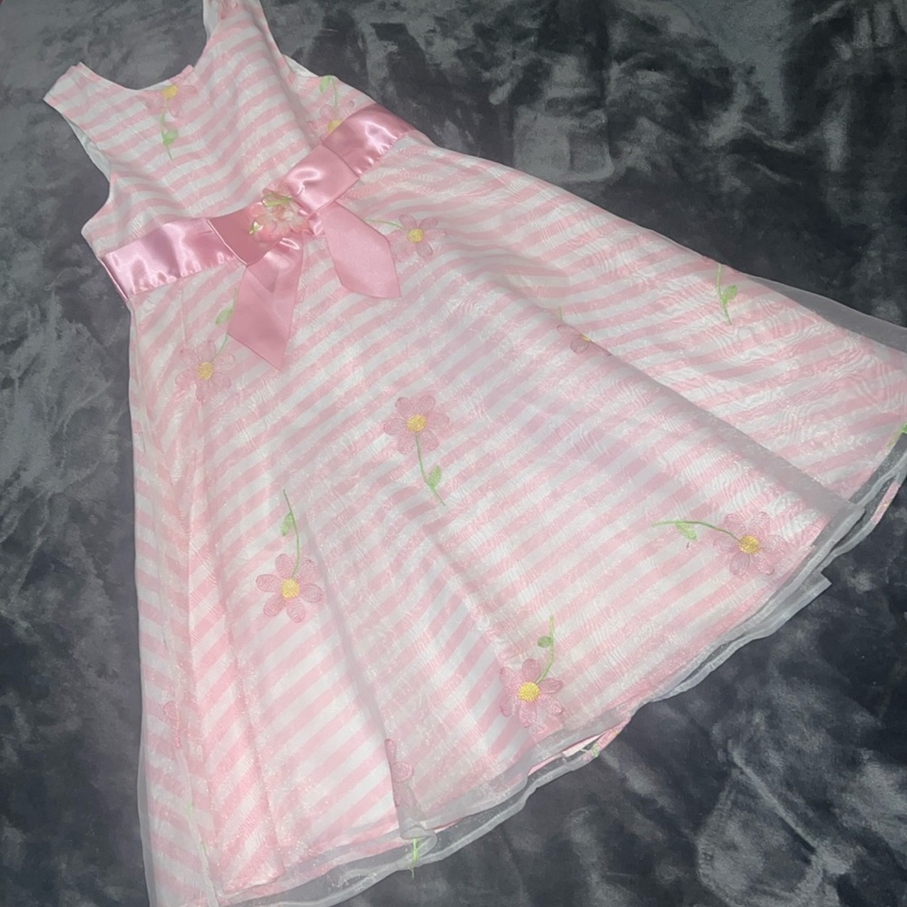 Dress Pink white stripes with embroidery flowers girls size 8